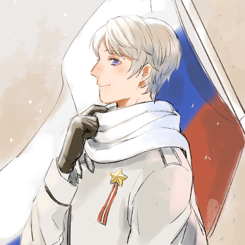 1boy, axis_powers_hetalia, black_gloves, blush, brown_background, closed_mouth, coat, commentary_request