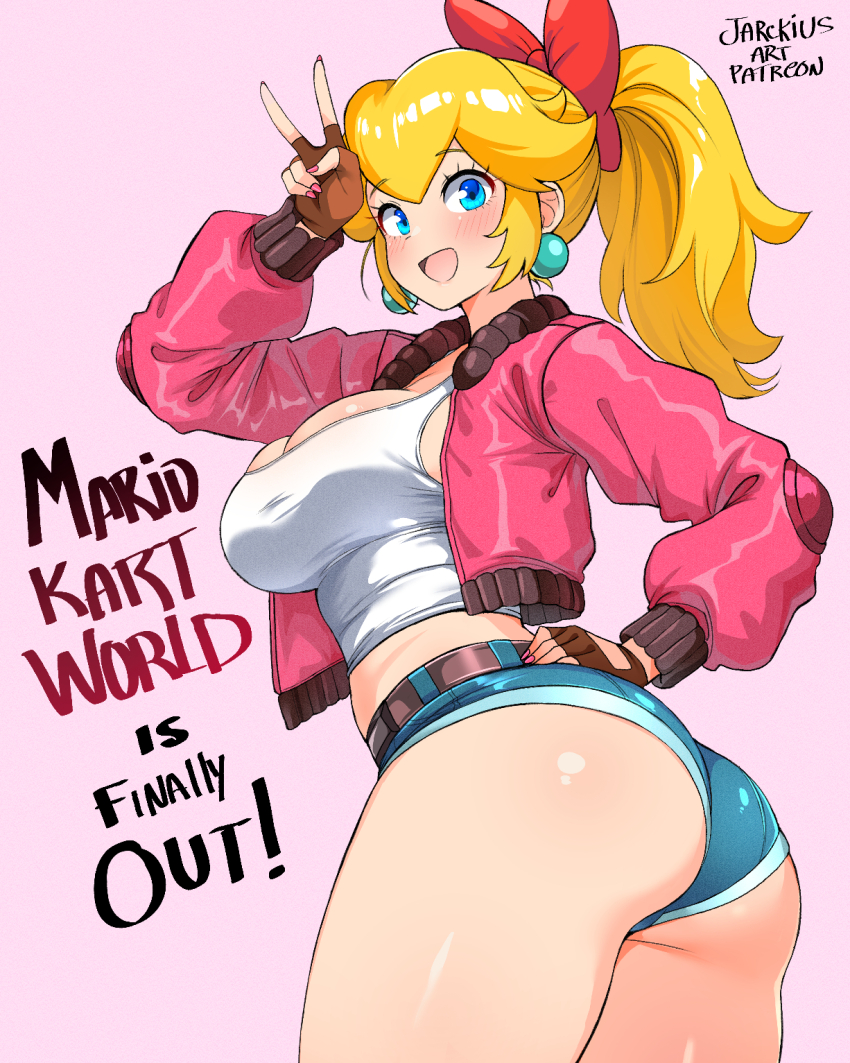 1girl, ass, blonde_hair, blue_eyes, blue_shorts, bow, breasts, denim