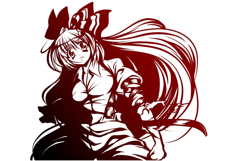 1girl, bow, female_focus, ff_gradient, fujiwara_no_mokou, hair_bow, long_hair, looking_at_viewer