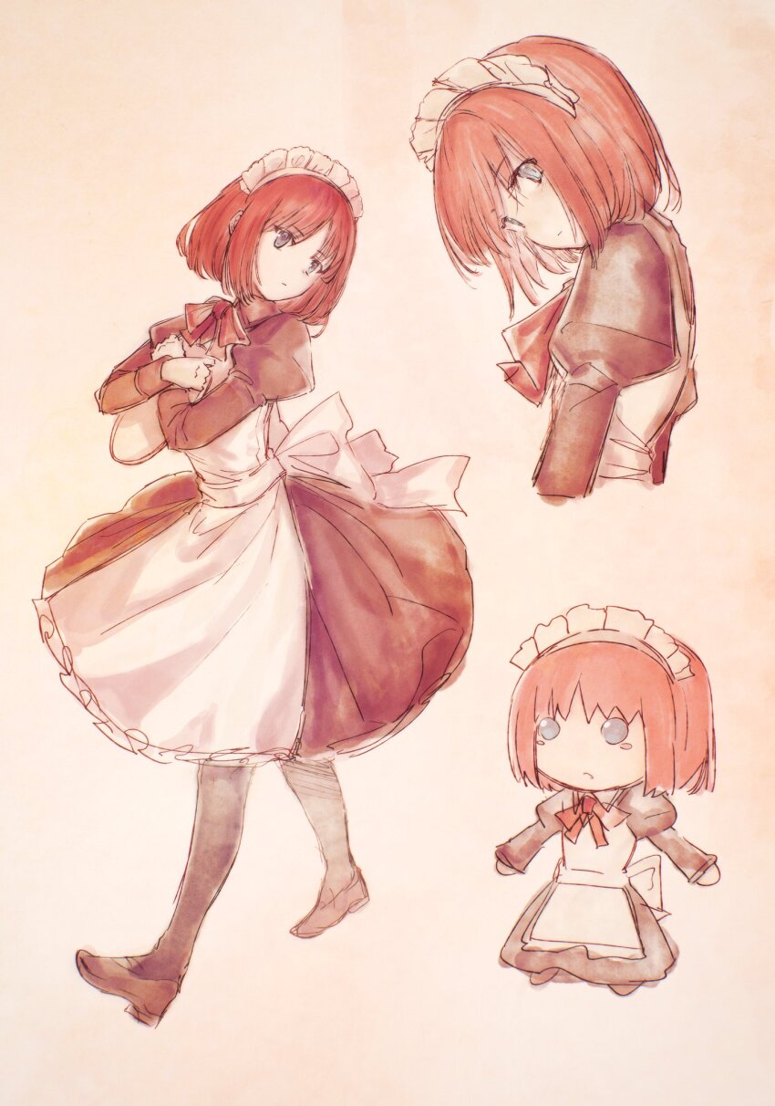 1girl, black_dress, black_pantyhose, chibi, dress, full_body, highres, hisui_(tsukihime)