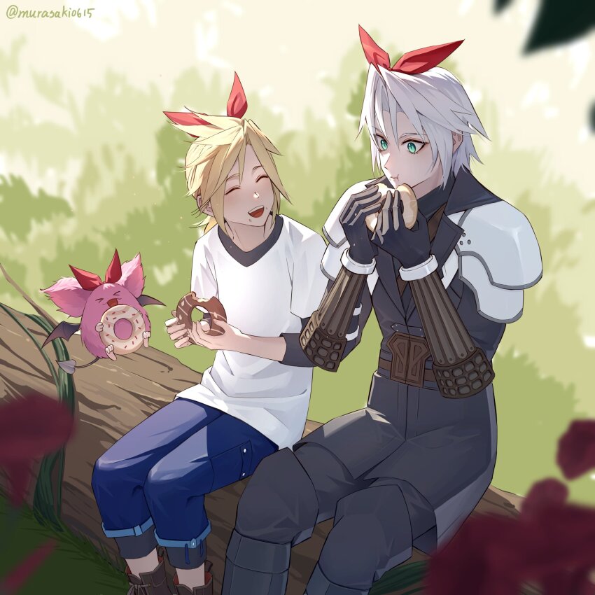 >_<, 2boys, aged_down, armor, bat_wings, blonde_hair, chewing, closed_eyes