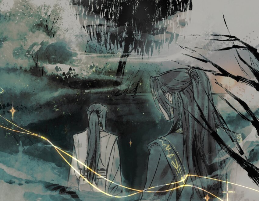 2boys, black_hair, black_hanfu, branch, breasts, chinese_clothes, dailysarndean, earrings