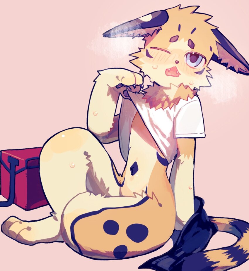 1boy, black_fur, borrowed_character, bottomless, brown_fur, cheetah, clothes_lift, commission, delivery, fangs, furry, furry_male, highres, misoazi_konpota, multicolored_fur, one_eye_closed, open_mouth, pawpads, picklez, pizza_delivery, shirt_lift, simple_background, skeb_commission, spots, steaming_body, sweat, unworn_clothes, yellow_fur