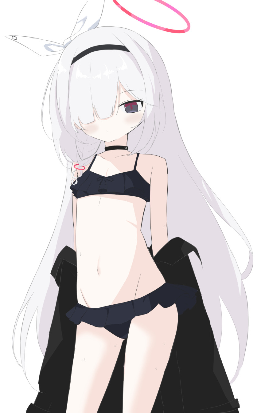 1girl, absurdres, bikini, black_choker, black_coat, black_eyes, black_hairband, blue_archive