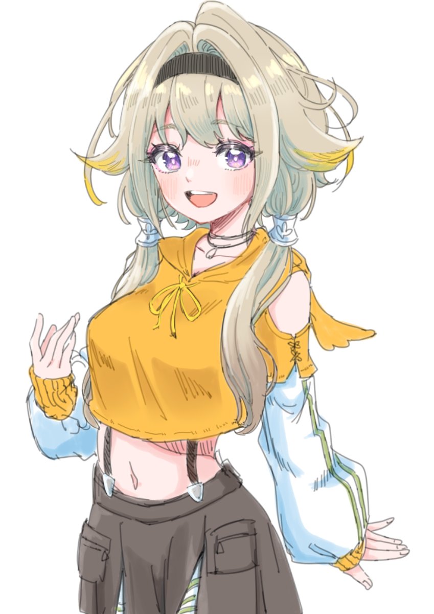 1girl, black_skirt, breasts, clothing_cutout, cowboy_shot, cropped_hoodie, detached_sleeves, grey_hair, hair_tubes, highres, hood, hoodie, ieiri_popo, ieiri_popo_(2nd_costume), islandz, looking_at_viewer, medium_breasts, midriff, nanashi_inc., navel, open_mouth, purple_eyes, shoulder_cutout, sidelocks, simple_background, skirt, smile, solo, swimsuit, virtual_youtuber, white_background, white_sleeves, yellow_hoodie