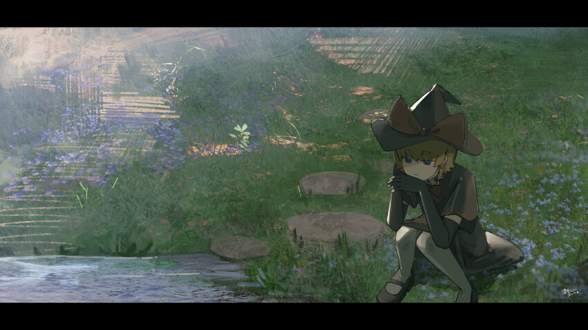 1girl, absurdres, black_capelet, black_gloves, black_hat, black_skirt, blonde_hair, blue_eyes