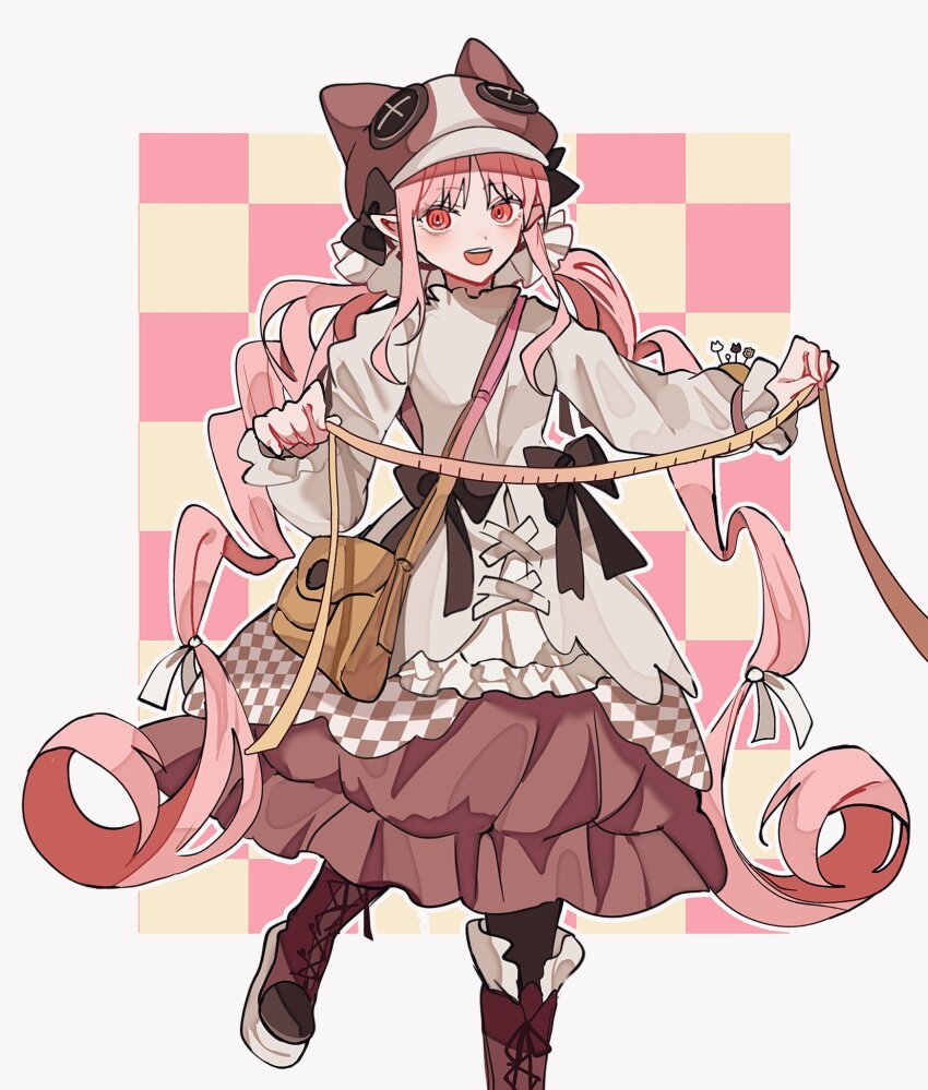 1girl, bag, boots, checkered_background, dress, fate/grand_order, fate_(series), habetrot_(celebratory_attire)_(fate)