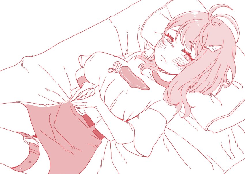 1girl, akane_canna, akane_canna_(2nd_costume), antenna_hair, arms_under_breasts, belt, blush, breasts