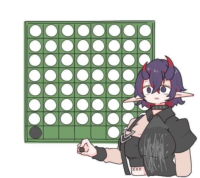 1girl, asymmetrical_clothes, black_shirt, board_game, breasts, collared_shirt, demon_girl, demon_horns