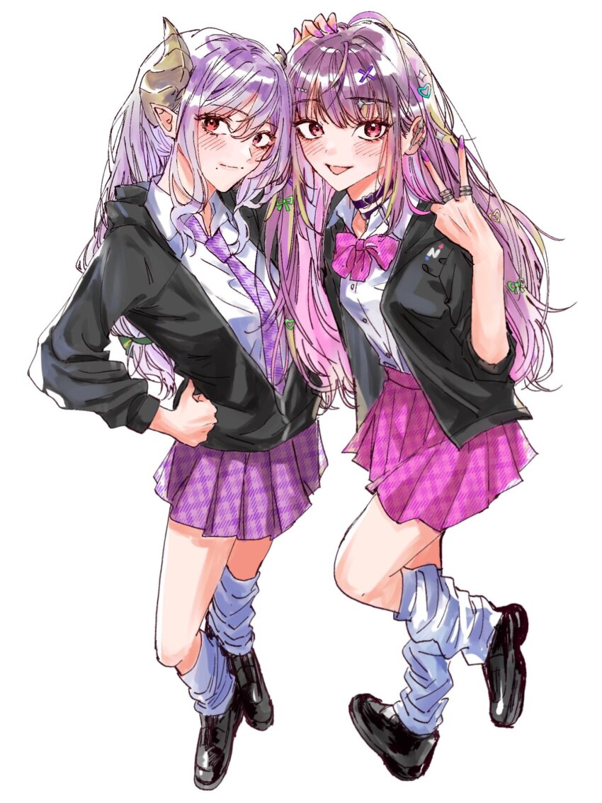 2girls, alternate_costume, amaotome, black_jacket, black_shoes, blush, bow, bowtie