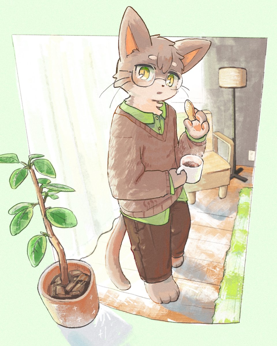 1boy, borrowed_character, brown_fur, brown_pants, brown_sweater, cat, cat_boy, commission