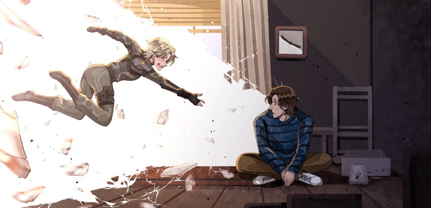 1boy, 1girl, animification, artist_request, black_gloves, blonde_hair, bodysuit, brown_hair