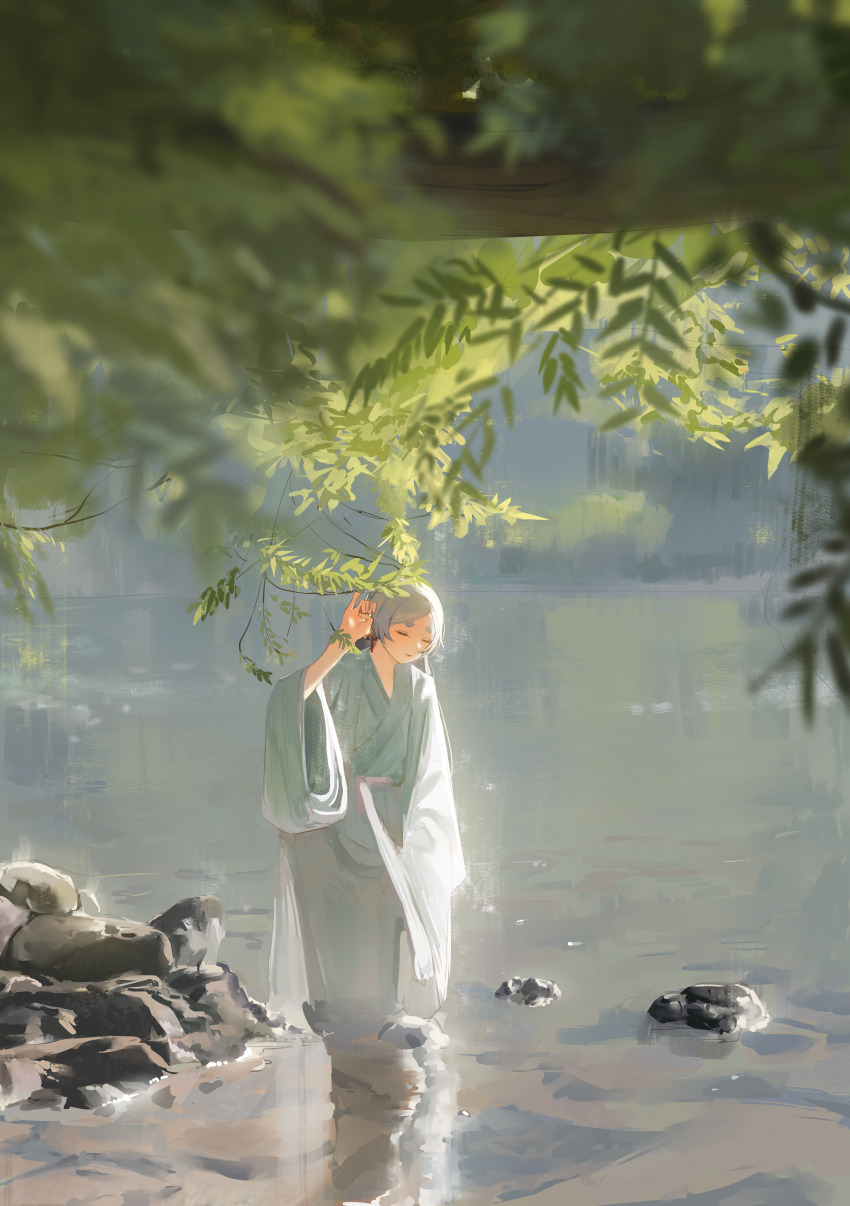 1girl, absurdres, blurry, blurry_foreground, branch, brush_stroke, chinese_clothes, closed_eyes