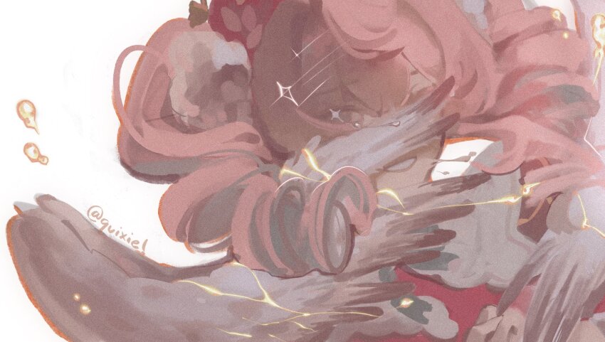 1girl, angel_wings, aqua_eyes, blowing, collar, commentary, covered_face, crack