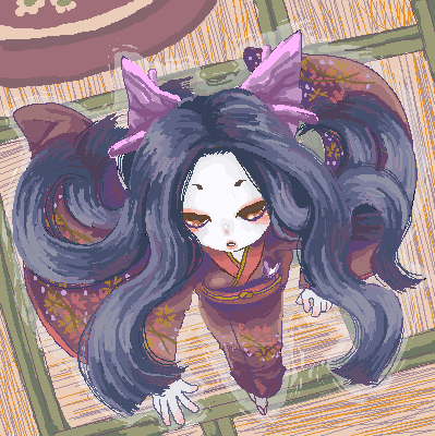 1girl, black_hair, bow, brown_eyes, brown_kimono, colored_skin, commentary_request, floating_hair, from_above, full_body, hair_bow, japanese_clothes, kimono, long_hair, long_sleeves, lowres, mamaji, miyabi_doll, oekaki, open_mouth, purple_bow, ragnarok_online, solo, tatami, white_skin, wide_sleeves