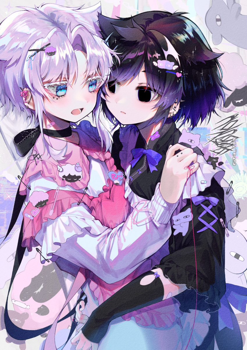 2boys, aegyo_sal, androgynous, black_eyes, black_hair, blue_eyes, commentary, cross-laced_clothes