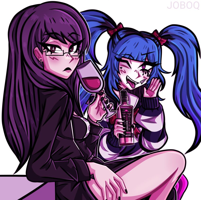 2girls, alcohol, amemiya_darumi, arm_rest, black_dress, black_hair, black_nails, blue_hair