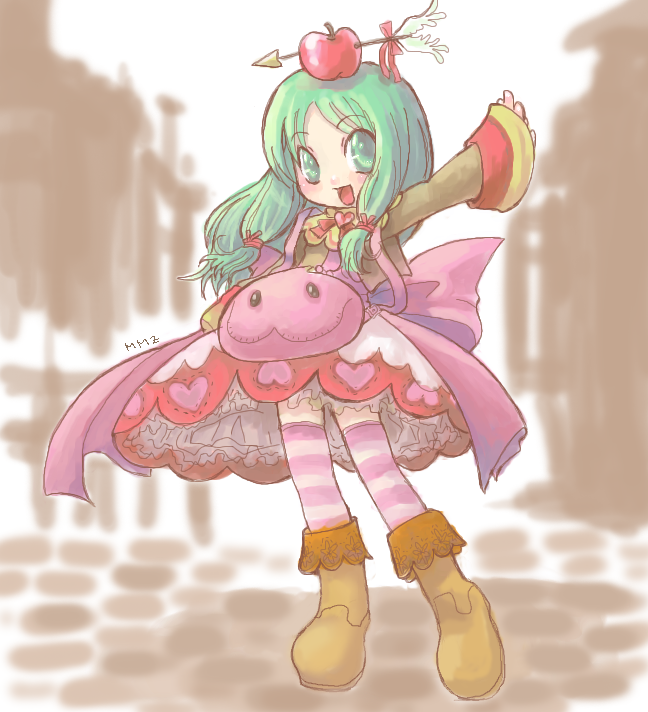 1girl, :d, apple_on_head, arrow_through_apple, blurry, blurry_background, blush, boots