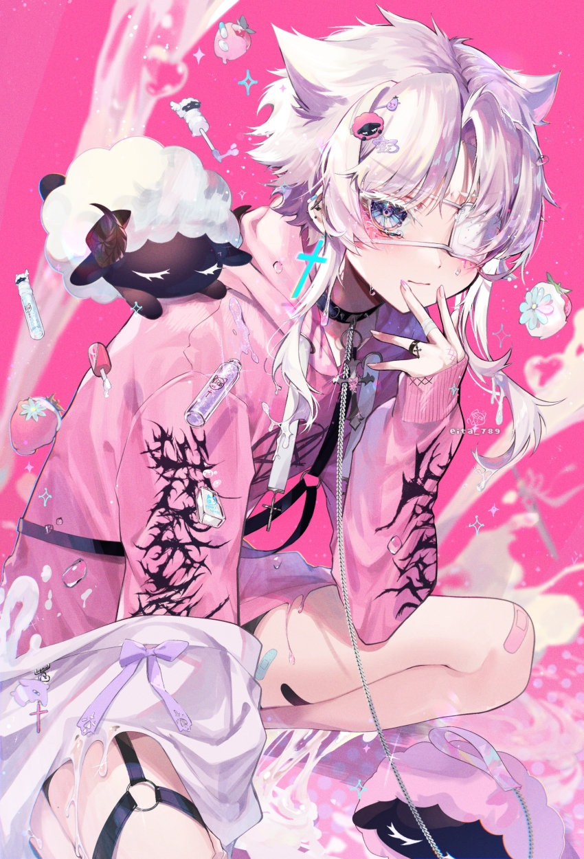 1boy, absurdres, aegyo_sal, androgynous, bandaid, bandaid_on_knee, bandaid_on_leg, blue_eyes