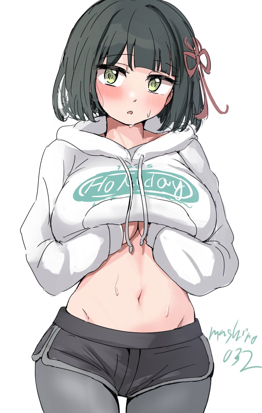 1girl, artist_name, black_hair, blunt_bangs, blunt_ends, blush, bob_cut, breasts, clothes_lift, commentary, cowboy_shot, ereka, flower_knot, green_eyes, grey_leggings, groin, highres, hood, hood_down, hoodie, hoodie_lift, large_breasts, leggings, leggings_under_shorts, lifting_own_clothes, link!_like!_love_live!, looking_at_viewer, love_live!, momose_ginko, momose_ginko_(summer_training_wear), navel, official_alternate_costume, parted_lips, short_hair, signature, simple_background, solo, stomach, sweat, virtual_youtuber, white_background, white_hoodie