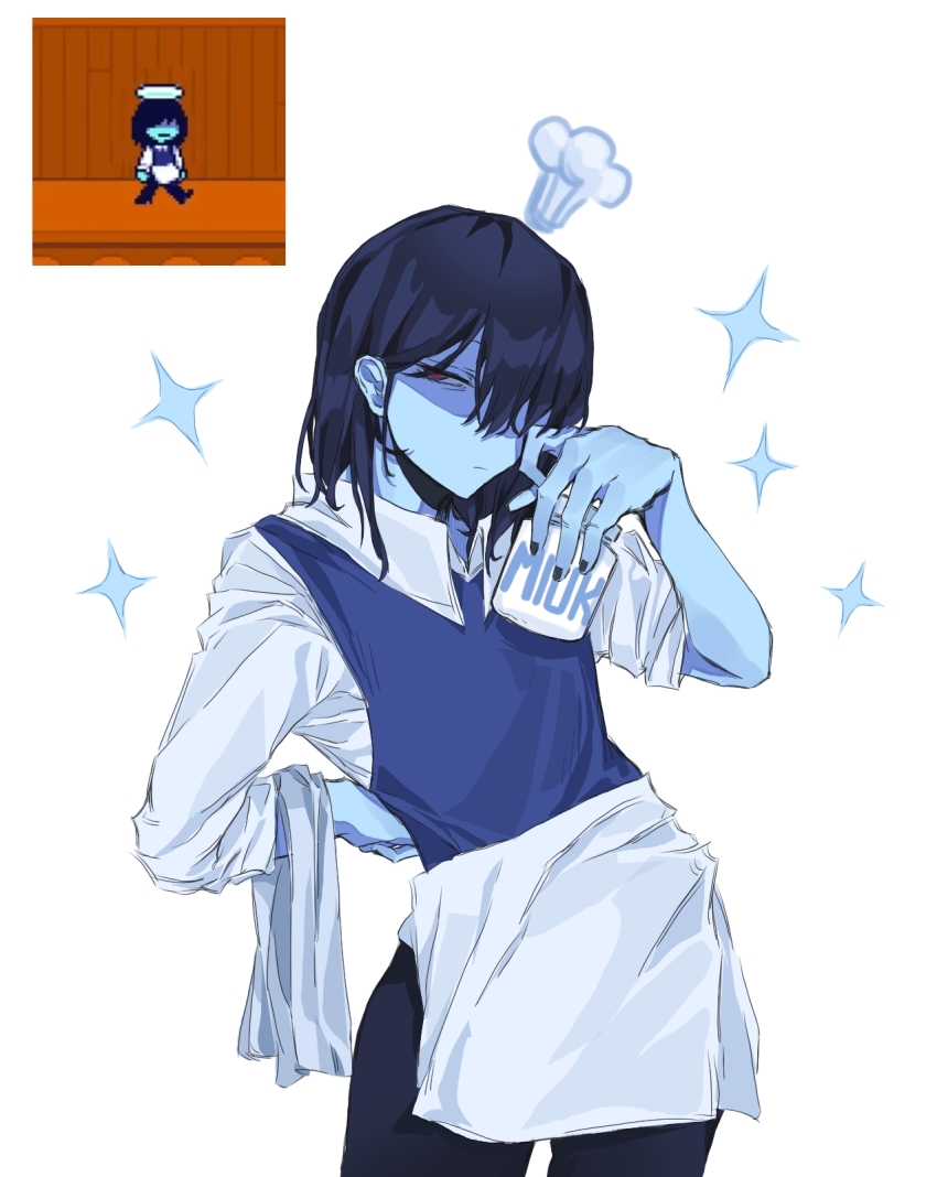 1other, 36_se_shuicai_bi, apron, black_pants, blue_hair, blue_skin, blue_vest, chef_hat, chinese_commentary, closed_mouth, collared_shirt, colored_skin, commentary_request, deltarune, hair_over_one_eye, hand_on_own_hip, hat, highres, holding, holding_jar, jar, kris_(cooking_show)_(deltarune), kris_(dark_world)_(deltarune), kris_(deltarune), medium_hair, mini_hat, official_alternate_costume, other_focus, pants, red_eyes, reference_inset, screenshot_inset, shirt, solo, utdr_(toby_fox), vest, white_apron, white_shirt