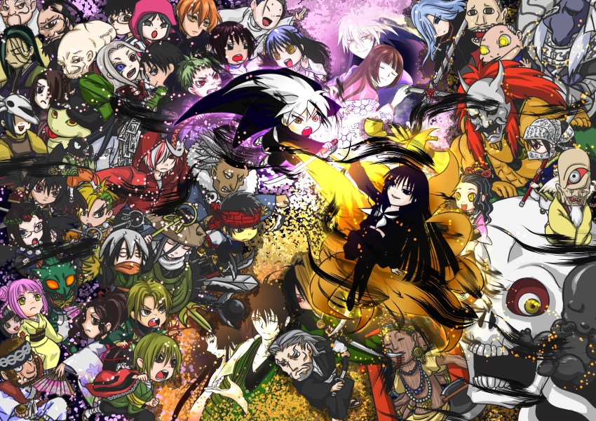 6+boys, absurdres, beard, black_hair, blue_eyes, blue_hair, brown_eyes, brown_hair