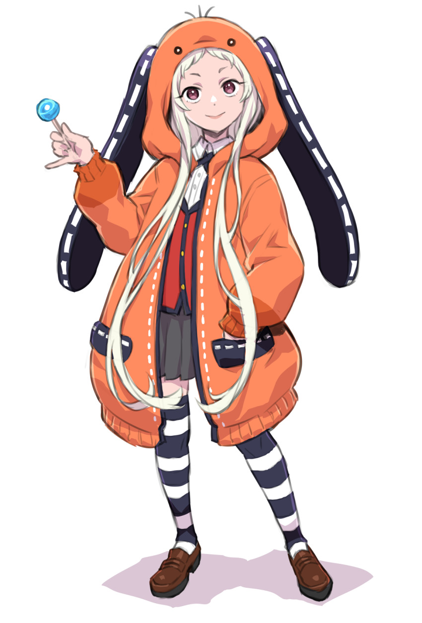 1girl, animal_hood, black_skirt, blonde_hair, brown_shoes, candy, food, hand_in_pocket