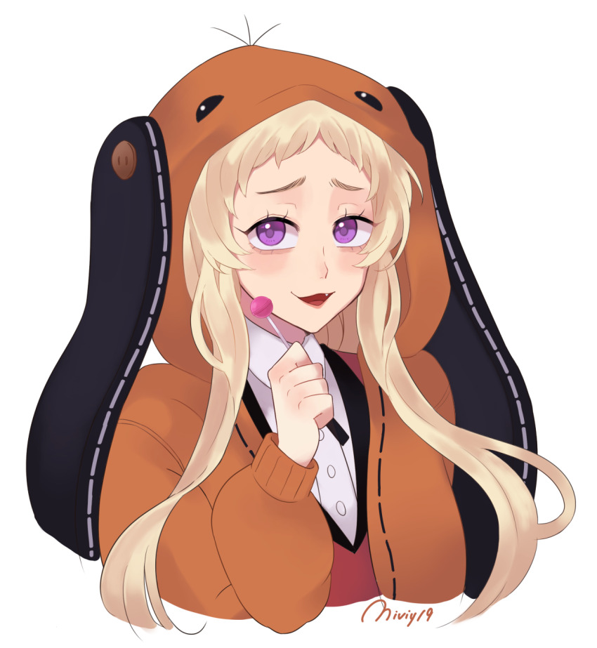 1girl, animal_hood, blonde_hair, candy, fang, food, highres, holding