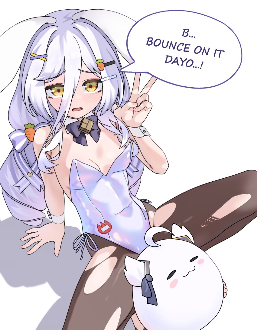 1girl, absurdres, ahoge, animal_ears, arm_support, bow, bowtie, breasts, carrot_hair_ornament, commentary, drill_hair, english_commentary, facing_viewer, food-themed_hair_ornament, from_above, gurumie, hair_ornament, hair_ribbon, hen_squad_(henya_the_genius), henya_the_genius, henya_the_genius_(bunniversary), highres, leaning_back, leotard, long_hair, looking_at_viewer, pantyhose, playboy_bunny, purple_hair, purple_leotard, rabbit_ears, ribbon, rubik's_cube, shadow, small_breasts, speech_bubble, spread_legs, squatting, strapless, strapless_leotard, torn_clothes, torn_pantyhose, twin_drills, twintails, v, virtual_youtuber, vshojo, wavy_mouth, white_background, x_hair_ornament, yellow_eyes