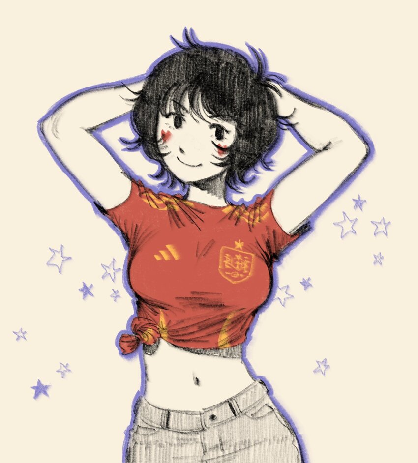 1girl, arms_behind_head, arms_up, black_hair, breasts, closed_mouth, commentary, denim, heidi_(heytherenrds), highres, jeans, looking_at_viewer, madeline_(heytherenrds), midriff, original, pants, red_shirt, shirt, short_hair, short_sleeves, simple_background, small_breasts, smile, soccer_uniform, solo, spain, spanish_flag, sportswear, untranslatable_commentary, upper_body, white_background