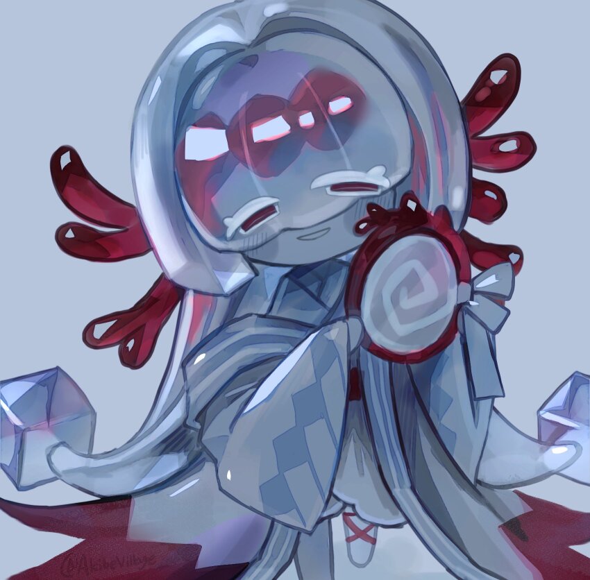 1girl, agar_agar_cookie, akibevillage, colored_skin, commentary_request, cookie_run, cookie_run:_kingdom, coral_hair_ornament, grey_background, hair_ornament, half-closed_eyes, highres, hime_cut, holding, holding_mirror, japanese_clothes, kimono, long_hair, long_sleeves, looking_at_viewer, mirror, open_mouth, red_eyes, simple_background, smile, solo, very_long_hair, white_hair, white_kimono, white_skin, wide_sleeves