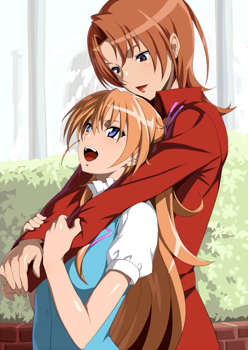 10s, 2girls, age_difference, blue_eyes, blush, brown_hair, family_bonding, hair_ribbon, highres, houjou_hibiki, houjou_maria, hug, hug_from_behind, long_hair, mother_and_child, mother_and_daughter, multiple_girls, open_mouth, orange_hair, parent_and_child, precure, purple_eyes, ribbon, school_uniform, shin'ya_(shin'yanchi), short_hair, suite_precure