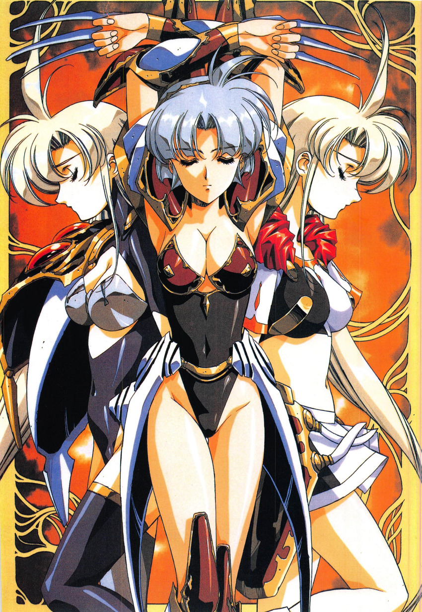 1990s_(style), 3girls, absurdres, armor, blonde_hair, blue_hair, bodysuit, breasts