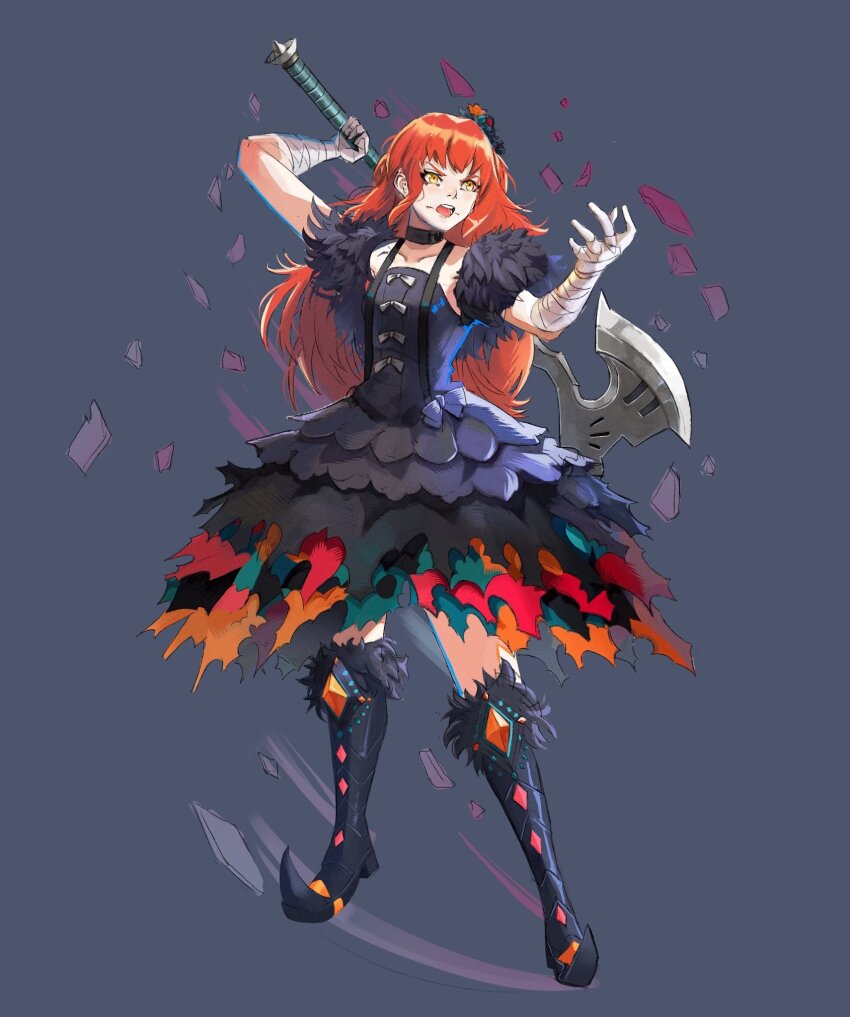 1girl, axe, bandages, black_dress, choker, collarbone, commentary, commission