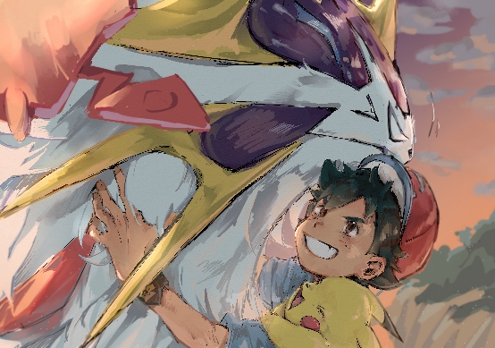 1boy, affectionate, akebwanwan, ash_ketchum, black_hair, blue_shirt, bracelet, cloud