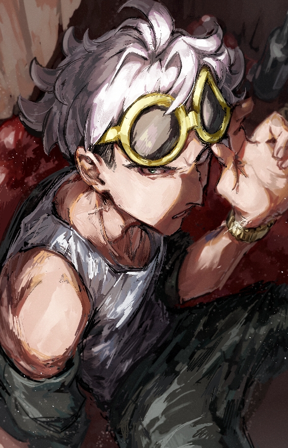 1boy, adjusting_eyewear, akebwanwan, black_eyes, clenched_teeth, commentary_request, guzma_(pokemon), hand_up