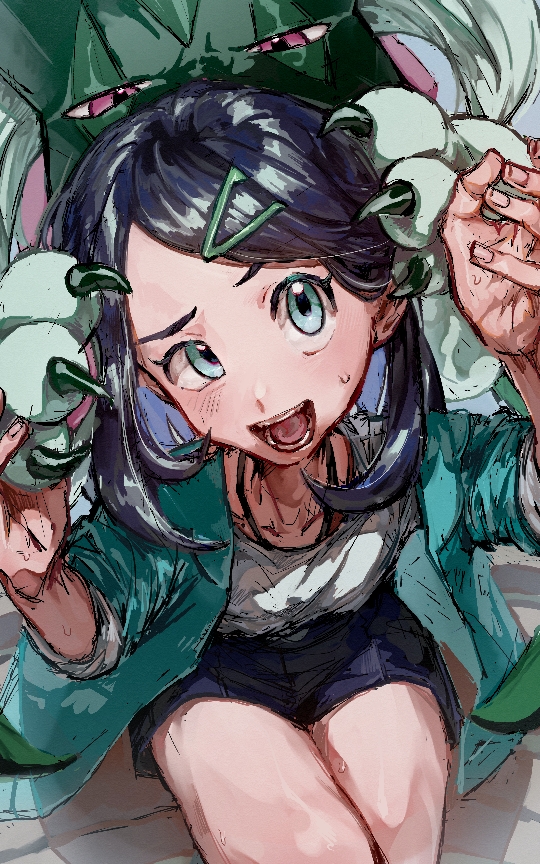 1girl, akebwanwan, arms_up, black_hair, black_shorts, colored_inner_hair, commentary_request, green_eyes
