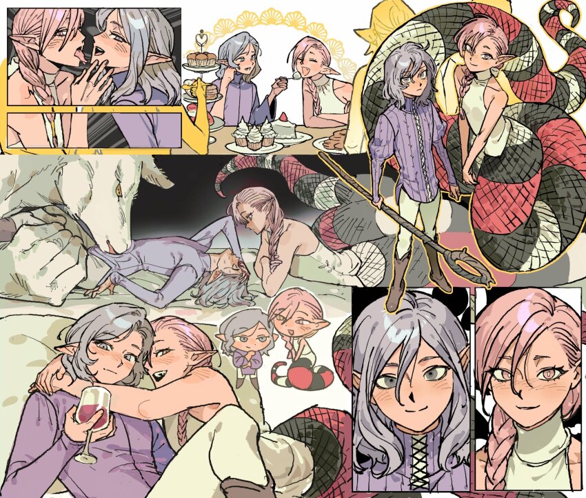 1boy, 1girl, braided_ponytail_lamia_(dungeon_meshi), cake, cup, drinking_glass, dungeon_meshi, elf