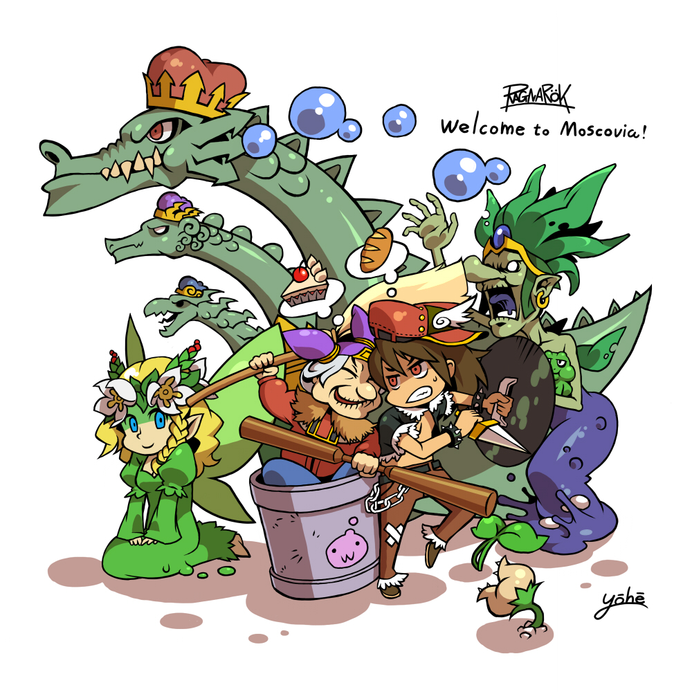 1boy, 3girls, alternate_color, baba_yaga_(ragnarok_online), belt, black_belt, black_shirt, blonde_hair, blue_crown, blue_eyes, bracelet, bread, broom, brown_hair, brown_pants, bucket, cake, cake_slice, closed_mouth, commentary_request, crown, dagger, dragon, dress, english_text, flower, food, full_body, gopinich, green_dress, green_hair, head_wreath, holding, holding_broom, holding_dagger, holding_knife, holding_weapon, in_bucket, in_container, jewelry, knife, looking_at_another, looking_to_the_side, mavka_(mythology), multiple_girls, multiple_heads, old, old_woman, open_mouth, pants, pointy_ears, poring, purple_crown, ragnarok_online, red_crown, red_eyes, rogue_(ragnarok_online), shirt, simple_background, smile, spiked_bracelet, spikes, uzhas_(ragnarok_online), weapon, white_background, white_flower, yohe