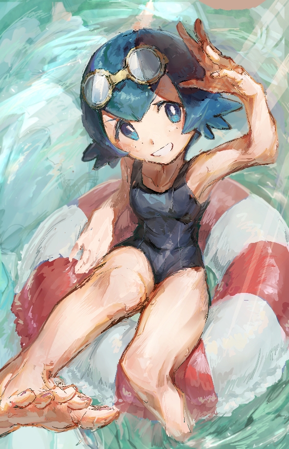 1girl, afloat, akebwanwan, arm_up, barefoot, black_one-piece_swimsuit, blue_eyes, blue_hair, bright_pupils, commentary_request, goggles, goggles_on_head, grin, lana_(pokemon), lifebuoy, looking_at_viewer, nintendo, no_sclera, one-piece_swimsuit, pokemon, pokemon_(anime), pokemon_the_series:_sun_&amp;_moon, short_hair, smile, solo, swim_goggles, swim_ring, swimsuit, teeth, toes, water, white_pupils