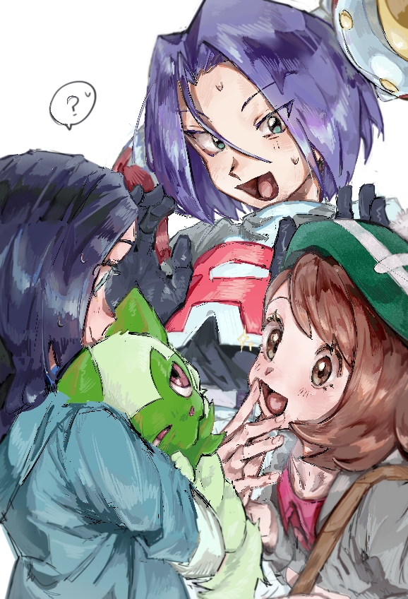 1boy, 2girls, :d, ?, akebwanwan, black_hair, brown_eyes, brown_hair