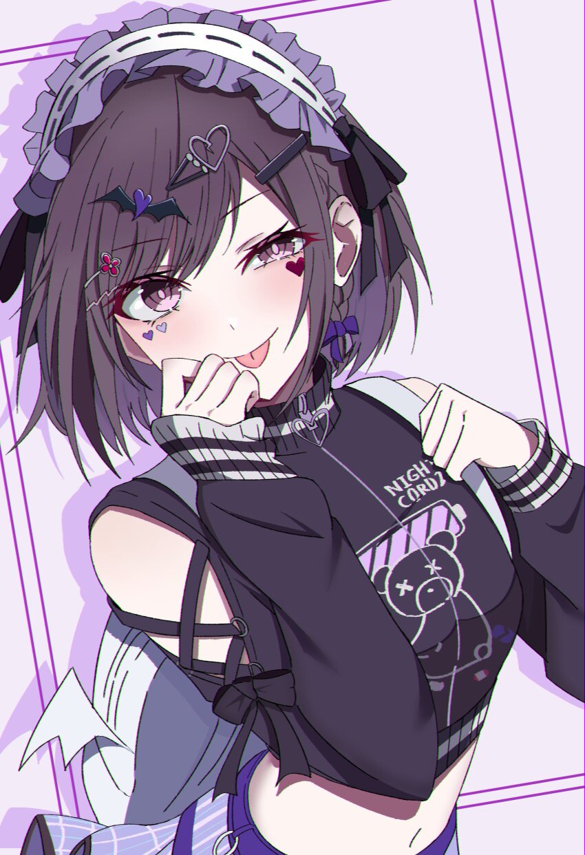 1girl, a0ja9k, absurdres, backpack, bag, black_shirt, bow, breasts, brown_hair, clothing_cutout, crop_top, earrings, facial_mark, hair_ornament, hairband, hairclip, heart, highres, jewelry, long_sleeves, looking_at_viewer, midriff, navel, project_sekai, purple_eyes, shinonome_ena, shirt, short_hair, skirt, solo, tongue, tongue_out