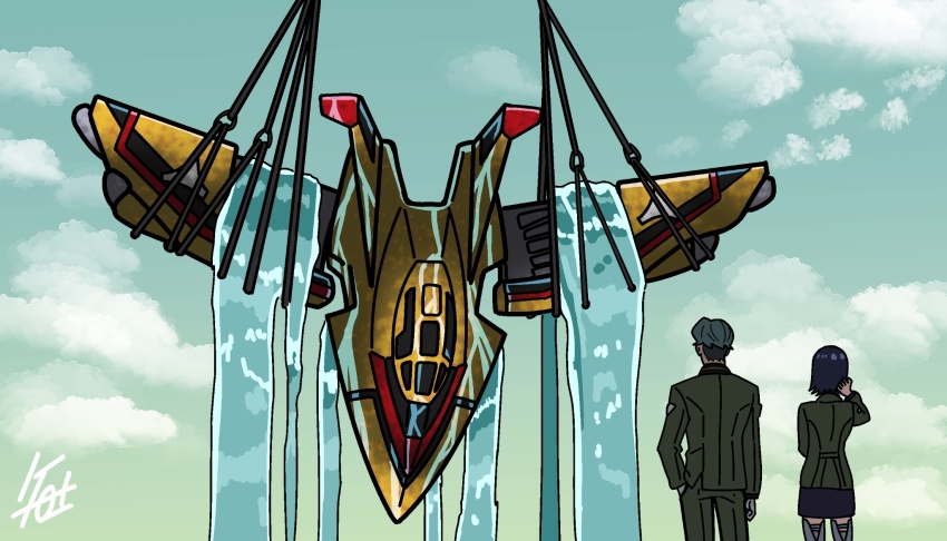 1boy, 1girl, aircraft, airplane, black_skirt, blazer, challia_bull, cloud, cloudy_sky, comoli_harcourt, crossover, fighter_jet, green_jacket, green_pants, grey_hair, grey_thighhighs, gundam, gundam_gquuuuuux, guts_wing, highres, is_this_the_rose_of_sharon?_(meme), jacket, meme, military_vehicle, pants, science_fiction, shafuu_(arrowww12ga), short_hair, signature, skirt, sky, thighhighs, ultra_series, ultraman_tiga_(series), water