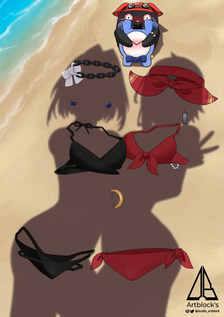 beach, bikini, blanc_(studio_artblock), covering_another's_eyes, dressed_shadow_(meme), hair_ornament, highres, hololive, hololive_english, hololive_indonesia, implied_nudity, kaela_kovalskia, kronie_(ouro_kronii), meme, ocean, ouro_kronii, pemaloe_(kaela_kovalskia), sand, shadow, silhouette, swimsuit, unworn_bikini, unworn_bikini_bottom, unworn_bikini_top, unworn_clothes, unworn_hair_ornament, unworn_swimsuit, virtual_youtuber