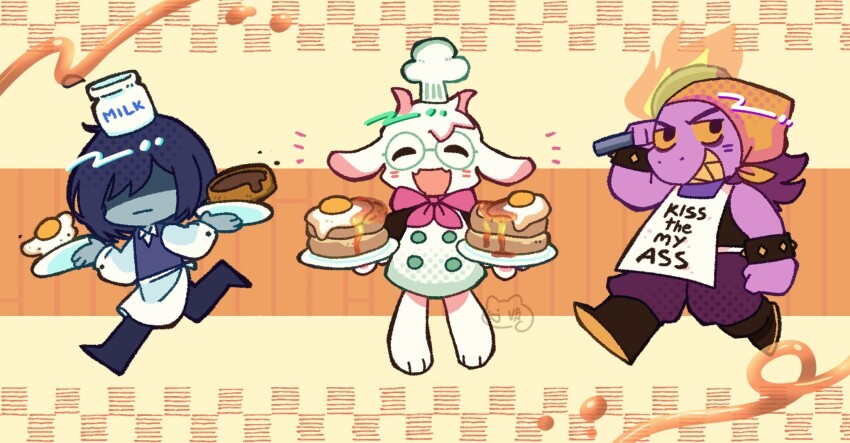 1boy, 1girl, 1other, animal_ears, apron, bandana, bandana_around_neck, black_shirt