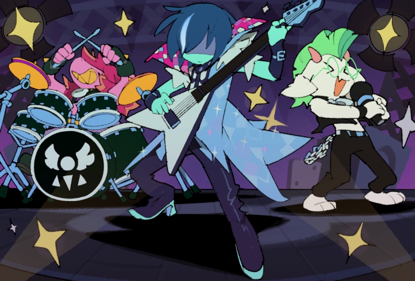 1boy, 1girl, 1other, animal_ears, blue_skin, colored_skin, colored_teeth, deltarune, drum, drum_set, electric_guitar, furry, goat_boy, goat_ears, green-framed_eyewear, guitar, highres, instrument, kris_(dark_world)_(deltarune), kris_(deltarune), kris_(lightners_live)_(deltarune), microphone, multicolored_hair, music, official_alternate_costume, official_art, playing_instrument, ralsei, ralsei_(lightners_live), singing, streaked_hair, susie_(dark_world)_(deltarune), susie_(deltarune), susie_(lightners_live)_(deltarune), temmie_chang, utdr_(toby_fox), yellow_teeth