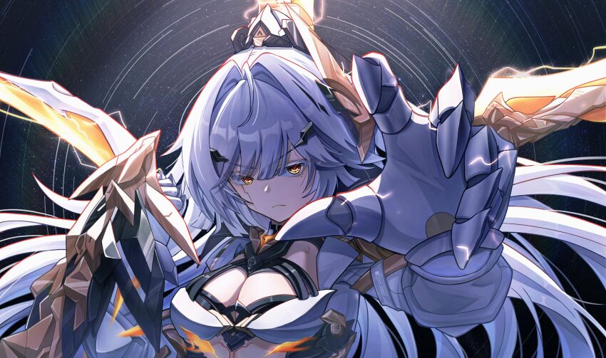 1girl, absurdres, ang55523671, breasts, cleavage, closed_mouth, colored_eyelashes, commentary, electricity, erdos_helia, erdos_helia_(planar_armament:_warped_spacetime), facial_mark, gauntlets, hair_intakes, highres, honkai_(series), honkai_impact_3rd, large_breasts, looking_at_viewer, mole, mole_under_eye, portrait, red_pupils, serious, solo, v-shaped_eyebrows, white_eyelashes, white_hair, yellow_eyes