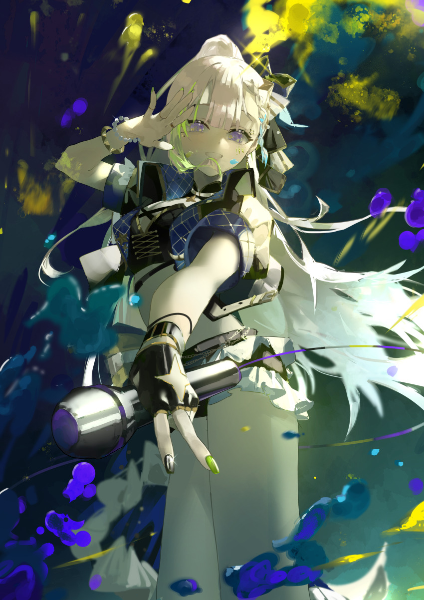 1girl, absurdres, airani_iofifteen, airani_iofifteen_(work), asymmetrical_bangs, black_bustier, black_gloves, black_jacket