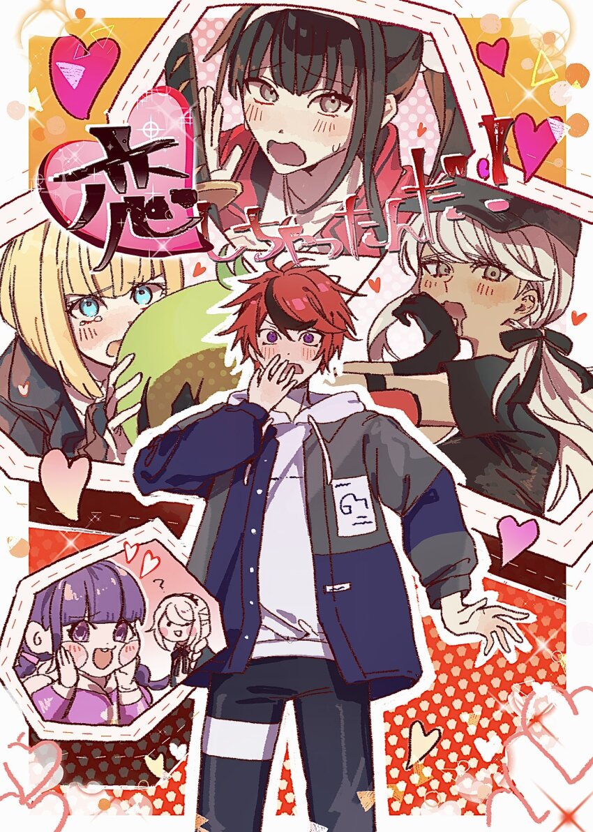 1boy, 5girls, ahoge, black_bow, black_hair, blonde_hair, blue_eyes, blush