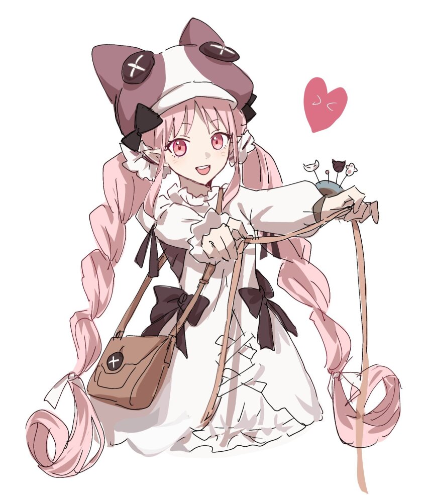 1girl, bag, black_bow, bow, breasts, dress, fate/grand_order, fate_(series), habetrot_(celebratory_attire)_(fate), habetrot_(fate), handbag, hat, heart, highres, long_hair, long_sleeves, looking_at_viewer, low_twintails, nekwnek, open_mouth, original, outstretched_arms, outstretched_hand, pink_eyes, pink_hair, pink_hat, pointy_ears, sewing_pin, simple_background, small_breasts, smile, solo, tape_measure, twintails, white_background, white_dress